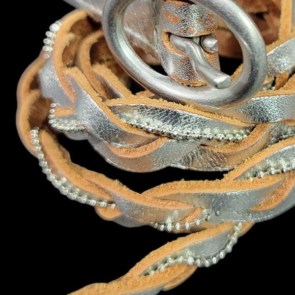 Banana Republic Silver Braided Skinny Belt Leather Metallic Embellished One Size - Picture 4 of 13